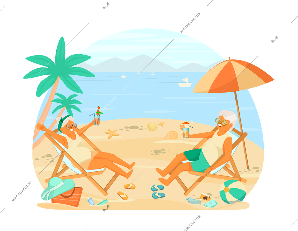 Cartoon elderly people happy life composition couple relaxing on the beach in bathing suits on sun beds vector illustration