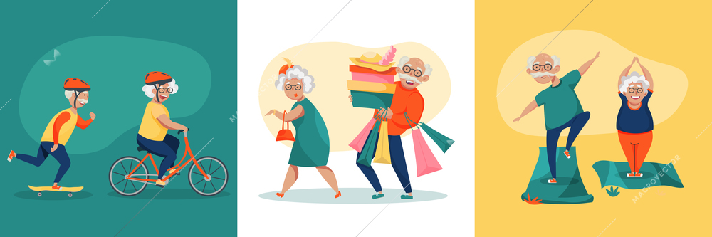 Elderly people daily activities concept 3 funny cartoon compositions old couple shopping exercising cycling skateboarding vector illustration