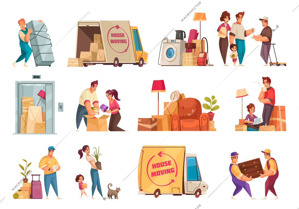 Moving new house packing family belongings carrying plant relocation service furniture transportation truck cartoon set vector illustration