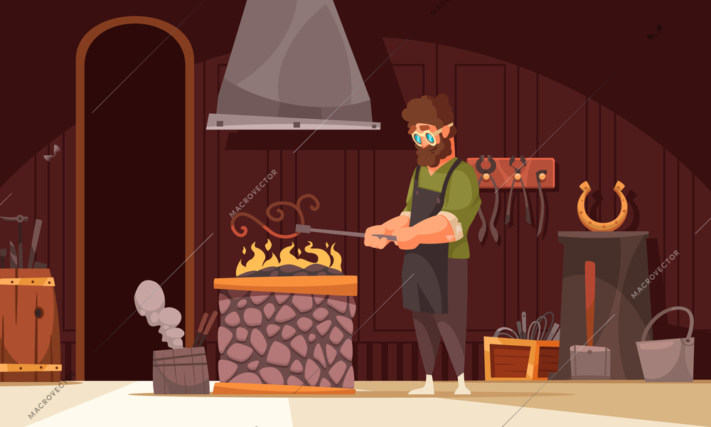 Blacksmith heating up ornamental iron curved piece in coal forge fire in his workshop cartoon vector illustration