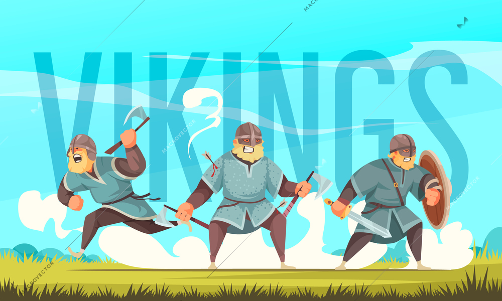 Three vikings armed with wooden shield battle axes and sword cartoon title header lettering background vector illustration