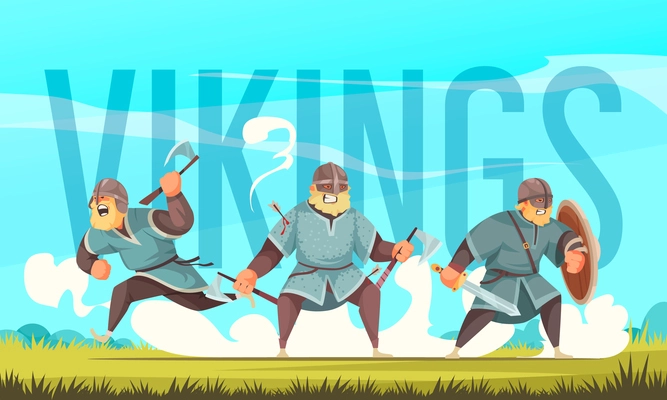 Three vikings armed with wooden shield battle axes and sword cartoon title header lettering background vector illustration