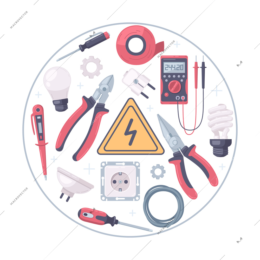 Electrician cartoon round composition with isolated images of manual tools power plugs sockets and voltage sign vector illustration