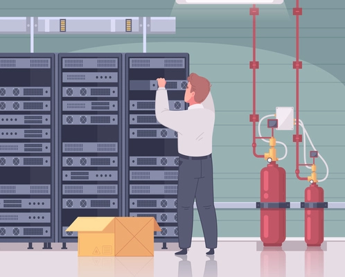 Datacenter cartoon composition with male technician touching server racks with indoor interior and cooling system peripherals vector illustration