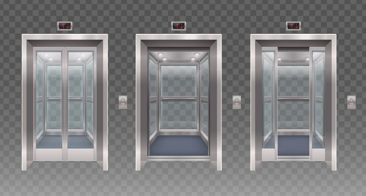 Set of three isolated elevator door realistic images with glass doors windows and silver metal frame vector illustration