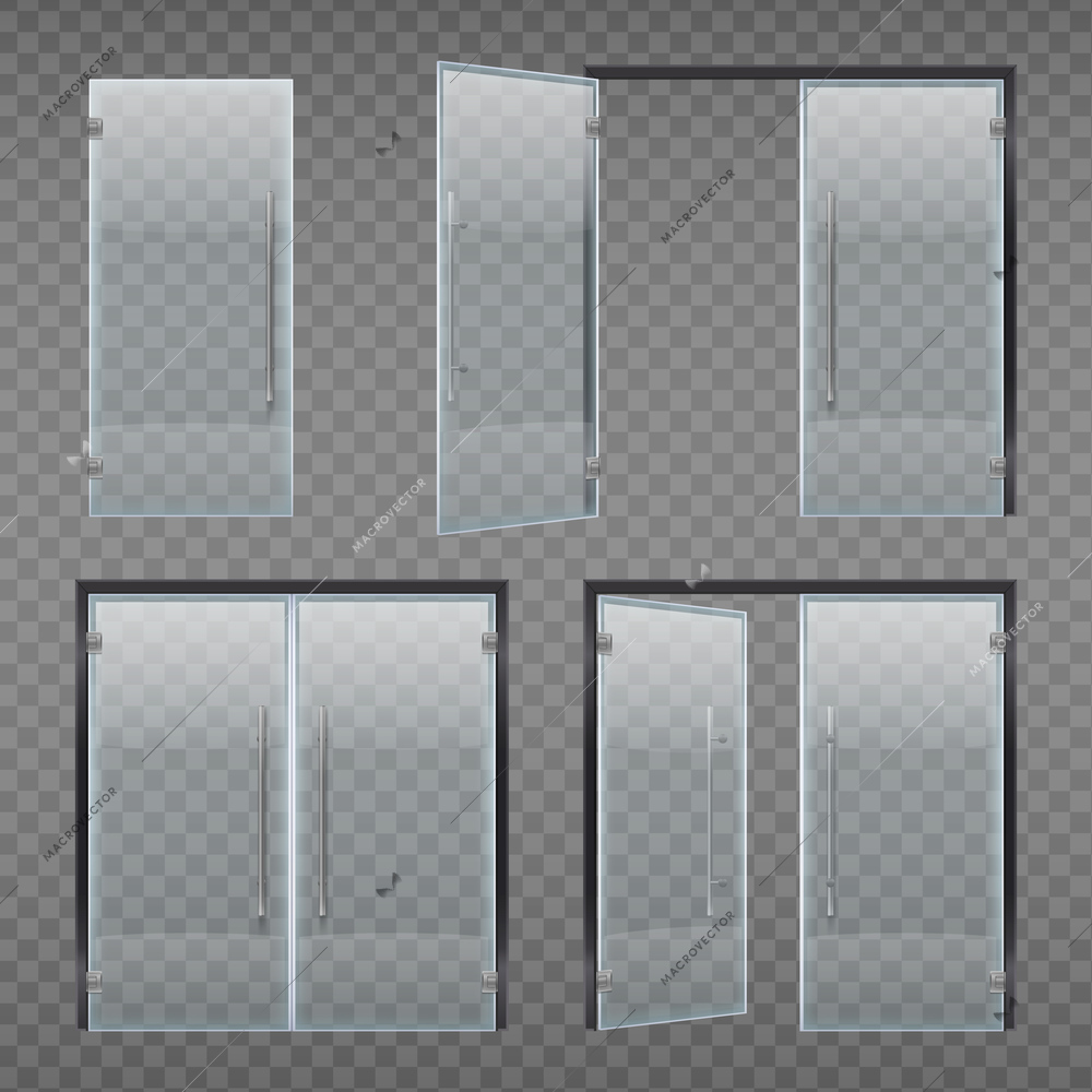 Glass door entrance realistic set of isolated doors with long handle and frame on transparent background vector illustration
