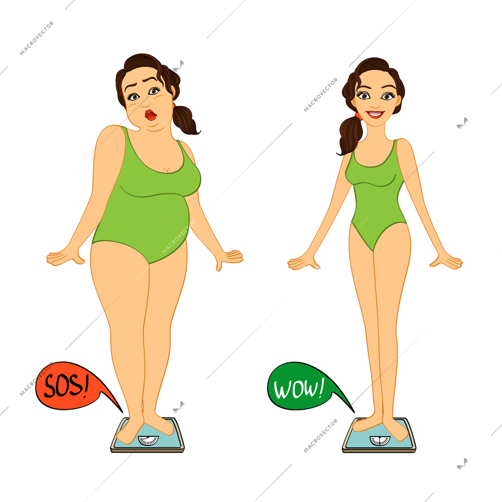 Fat and slim woman on weights scales, diet and exercises progress isolated vector illustration