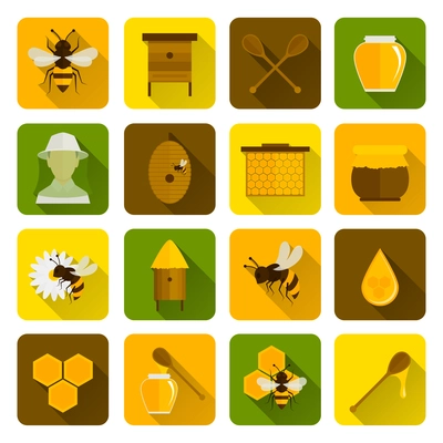 Bee honey icons flat set with beekeeper honeycomb beehive isolated vector illustration