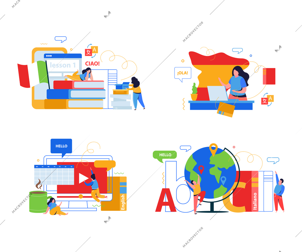 Language school 2x2 design concept set of flat compositions with people studying online vector illustration