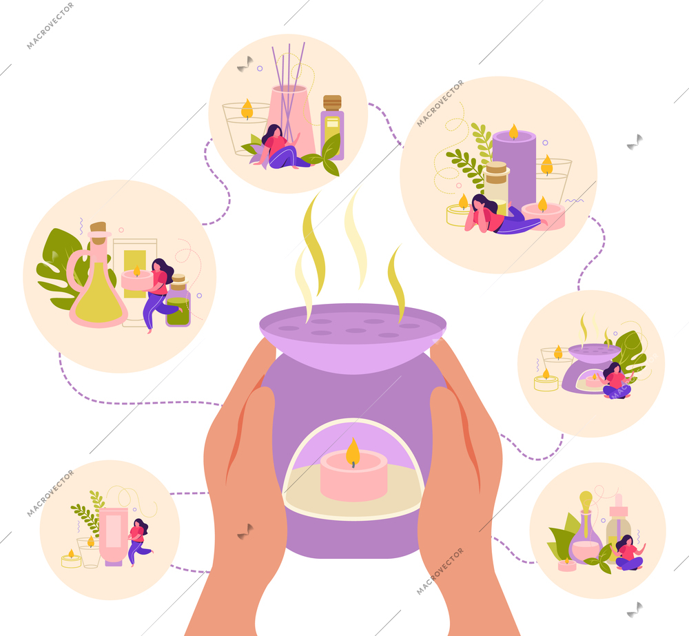 Aromatherapy flat design concept with human hands holding aroma candle and accessories for relax round icons vector illustration