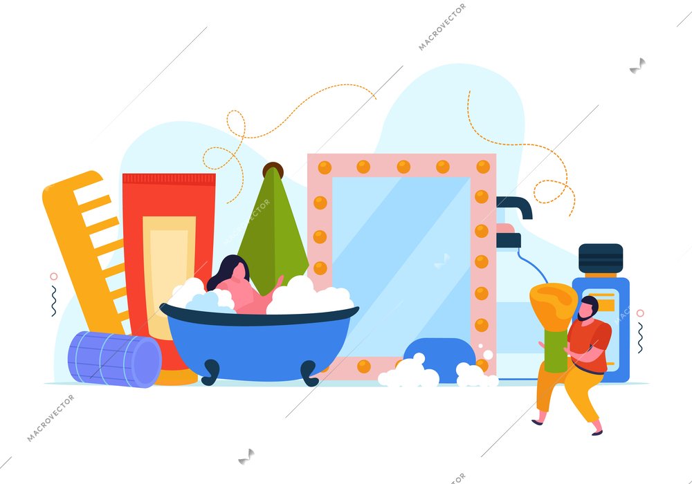 Bath time abstract flat composition with female character takes bath and set of care products vector illustration