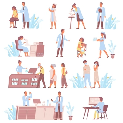 Vaccination flat icons set with laboratory workers men and women of different ages getting vaccine isolated on white background vector illustration