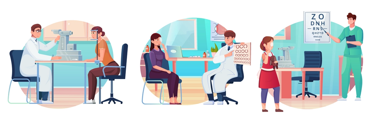 Different stages of eye examination in the ophthalmologists office flat vector illustration