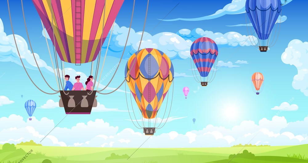 People in an aerostat travel across the sky, accompanied by other air balloons flat vector illustration