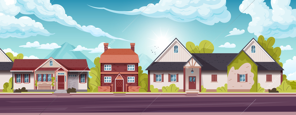 Horizontal panorama of suburban houses of holiday village with a shining sky in the background flat vector illustration