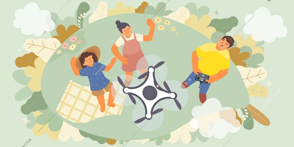 Family taking a selfie from a height using a drone flat vector illustration