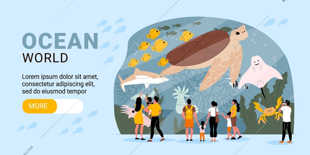 Flat horizontal banner with families watching ocean animals in aquarium vector illustration