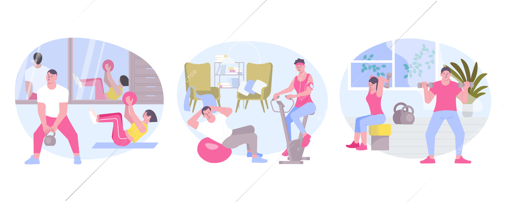 Set of three isolated sport compositions with home sceneries and flat characters of partners doing fitness vector illustration