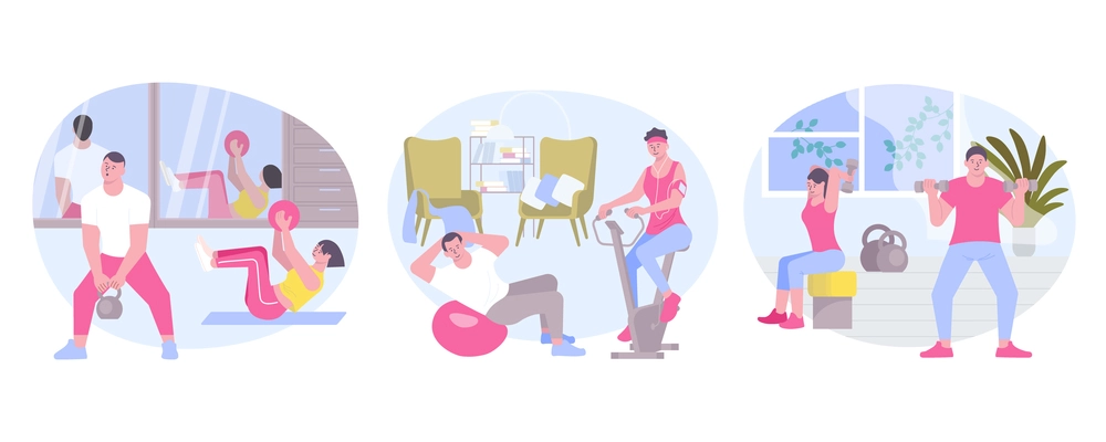Set of three isolated sport compositions with home sceneries and flat characters of partners doing fitness vector illustration