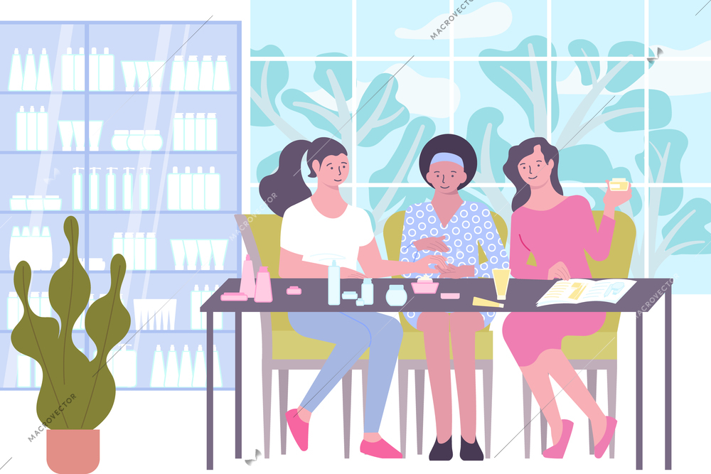 Cosmetic testing flat composition with group of three women sitting at table applying different cosmetic products vector illustration