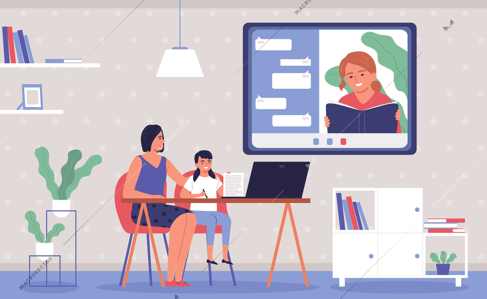 Homeschooling flat background with girl and her mother having lessons online vector illustration