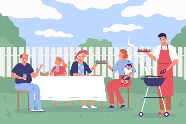 Barbecue picnic with dad cooking grilled meat and happy family sitting at table in garden flat vector illustration