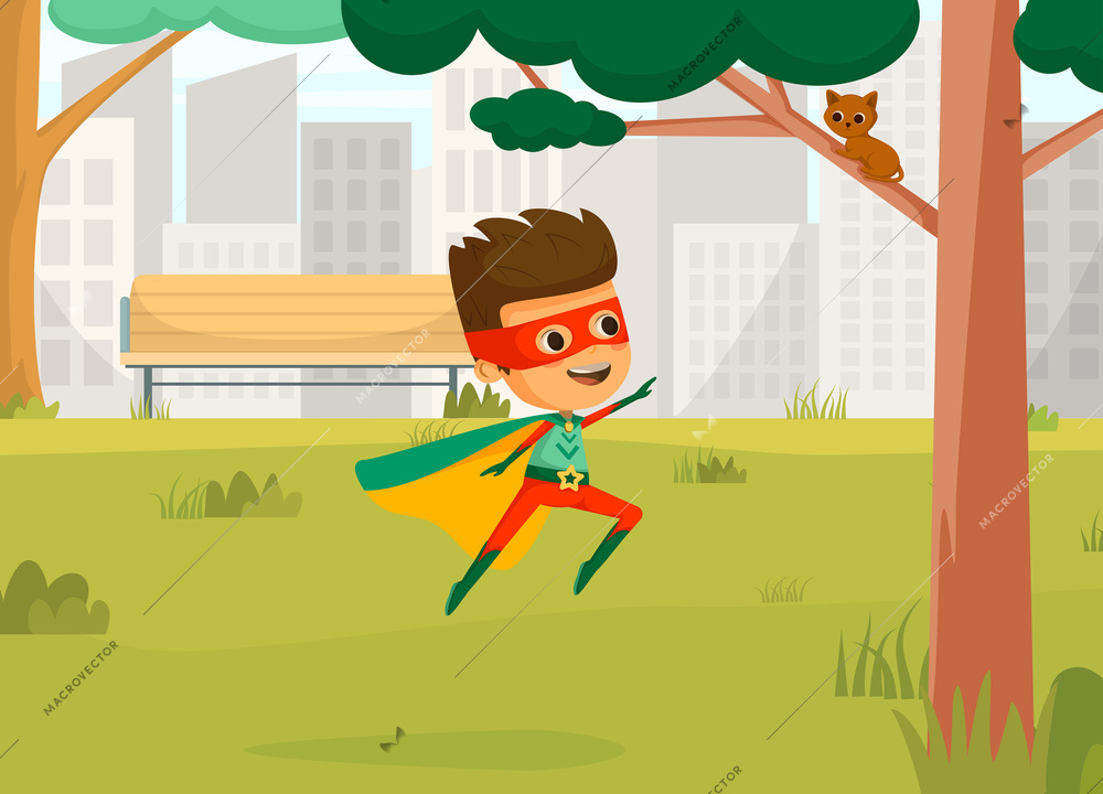 Kids superheroes cartoon colored concept the boy in superhero costume saves a kitten from a tree vector illustration