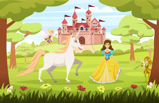 Cartoon fairy tale characters composition the princess is walking through a magical forest with her horse and in the background standing a castle vector illustration