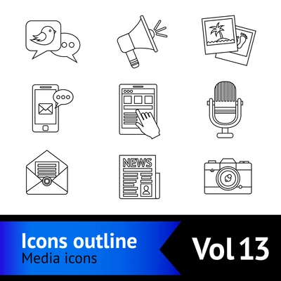 Media news social communication outline icons set with megaphone tablet camera isolated vector illustration
