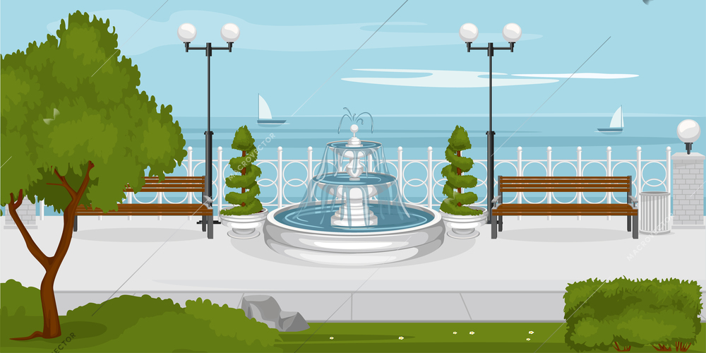 Park nature composition with outdoor scenery with sail yachts and embankment with benches trees and fountain vector illustration