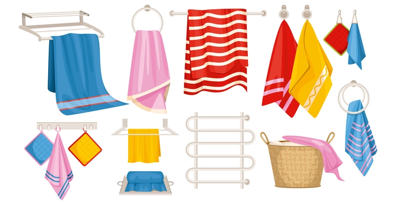 Towel set with isolated icons of hanging towels with pot holders on hooks and pipe coil vector illustration
