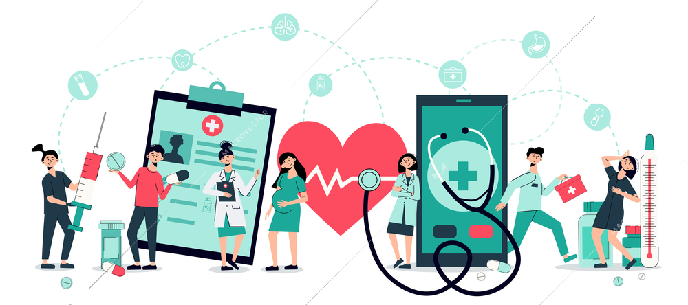 Telemedicine cartoon header title horizontal composition with heartbeat stethoscope online medical advice on tablet smartphone vector illustration