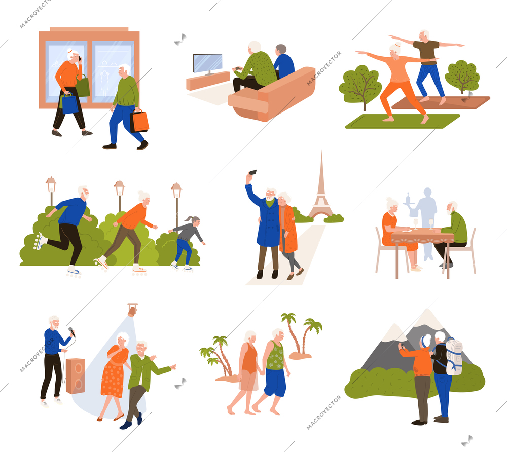 Color picture set of old people spending time outdoor color flat vector illustration