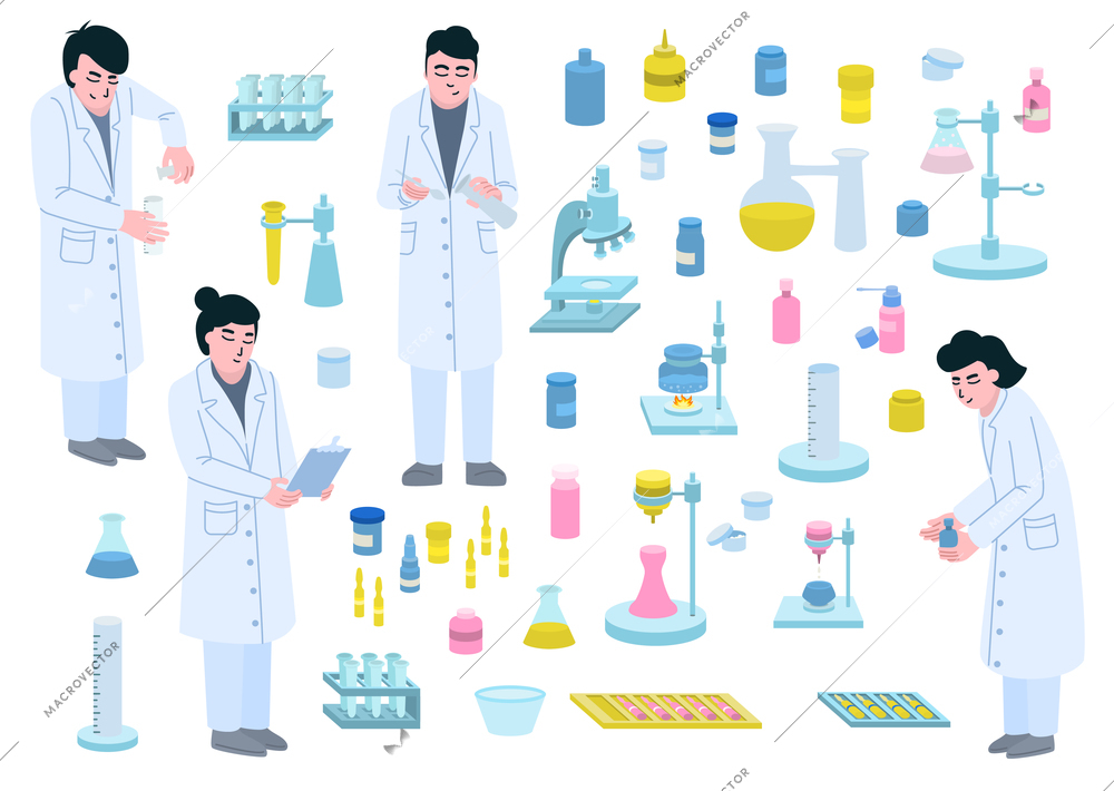 Pharmaceuticals and laboratory assistants on white background set flat vector illustration