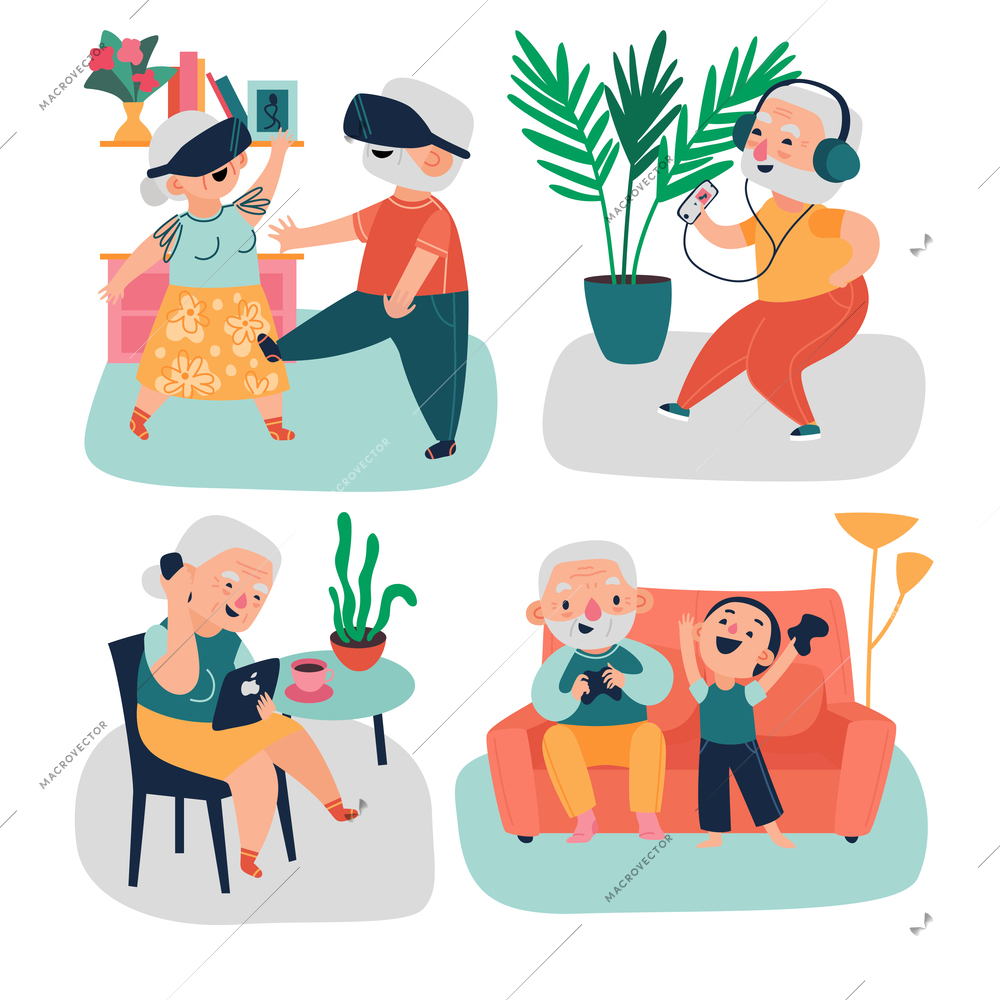 Elderly people have fun using modern technology design concept flat vector illustration