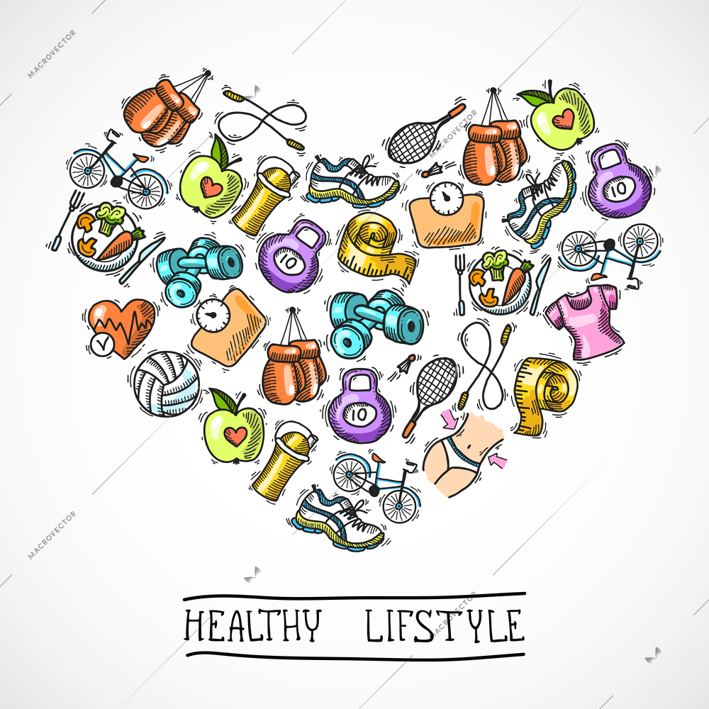 Fitness diet training sport exercise healthy lifestyle colored sketch poster vector illustration.