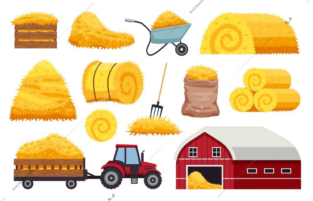 Bales hay set of isolated haymow icons of wheelbarrow barn and agrimotor with dry fodder images vector illustration