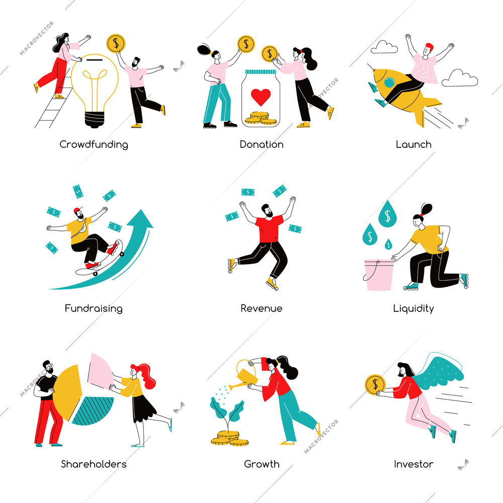 Crowdfunding trendy flat set of shareholders investor donation  fundraising revenue liquidity isolated icons vector illustration