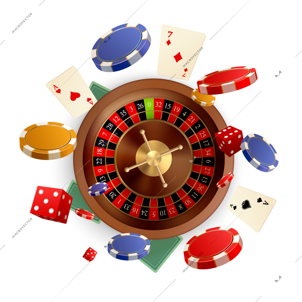 Casino realistic background with top view of roulette wheel in center and chips playing cards and dices around vector illustration