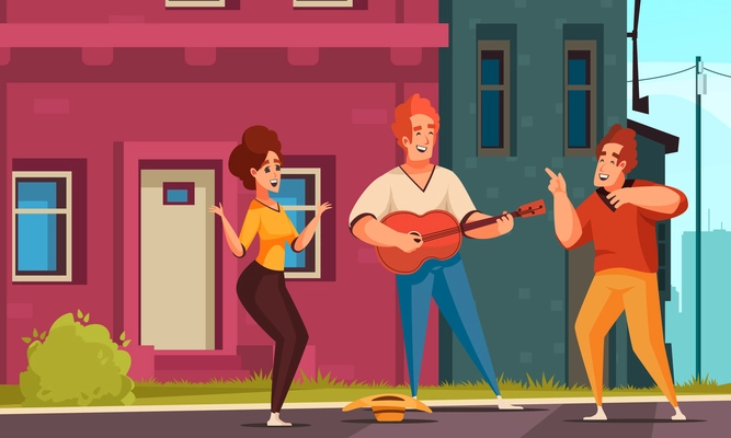 Street musicians guitar composition with outdoor urban scenery and man playing guitar with hat and friends vector illustration