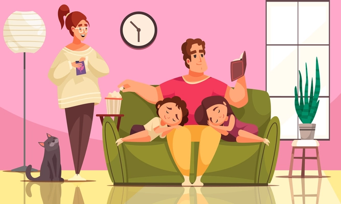 Dad son daughter composition with doodle style characters of children sleeping on fathers knees at home vector illustration