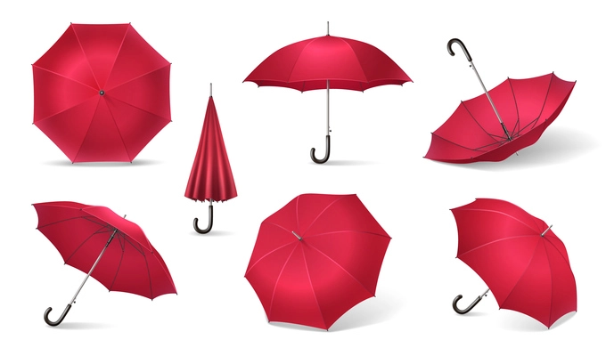 Seven red realistic umbrella icon set with different sides of umbrella canes on white background vector illustration