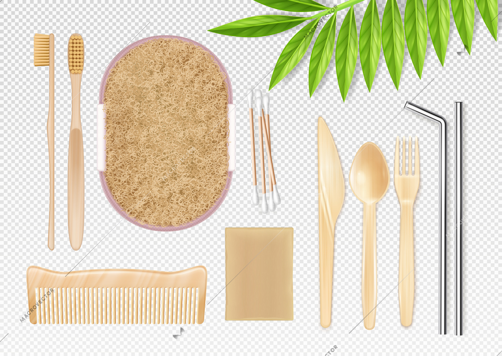 Eco friendly essentials from recycled and natural materials realistic composition with personal hygiene objects transparent vector illustration