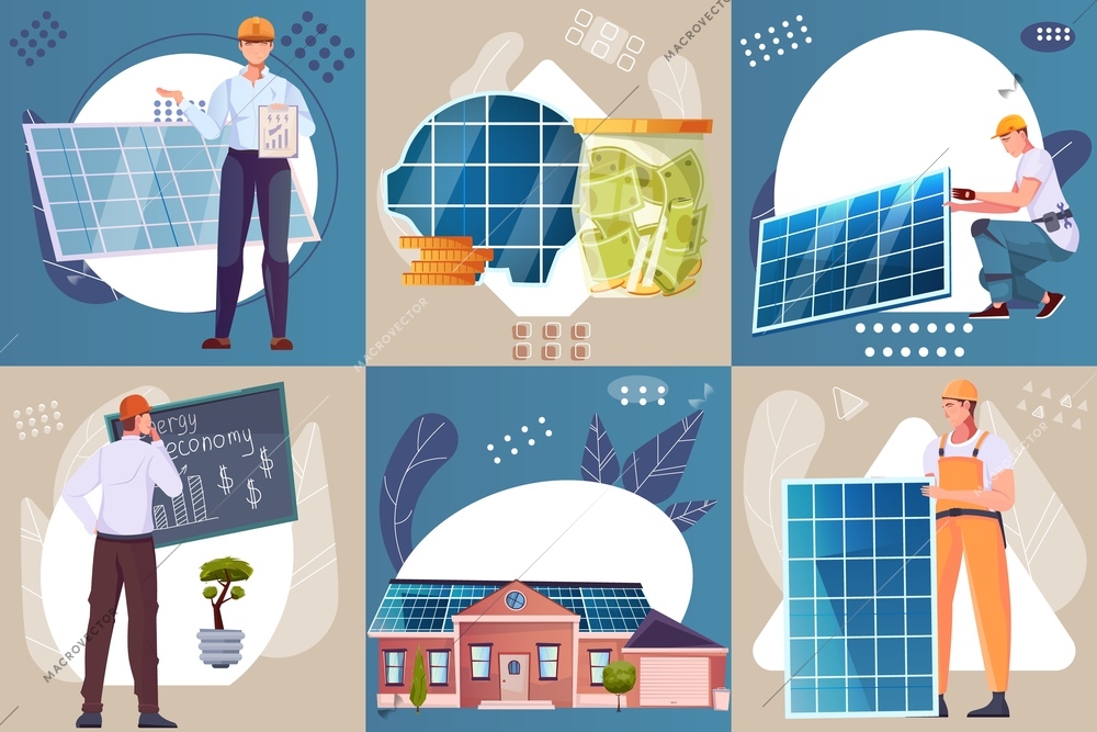 Alternative energy resources six flat illustrations with people working with solar cells isolated vector illustration