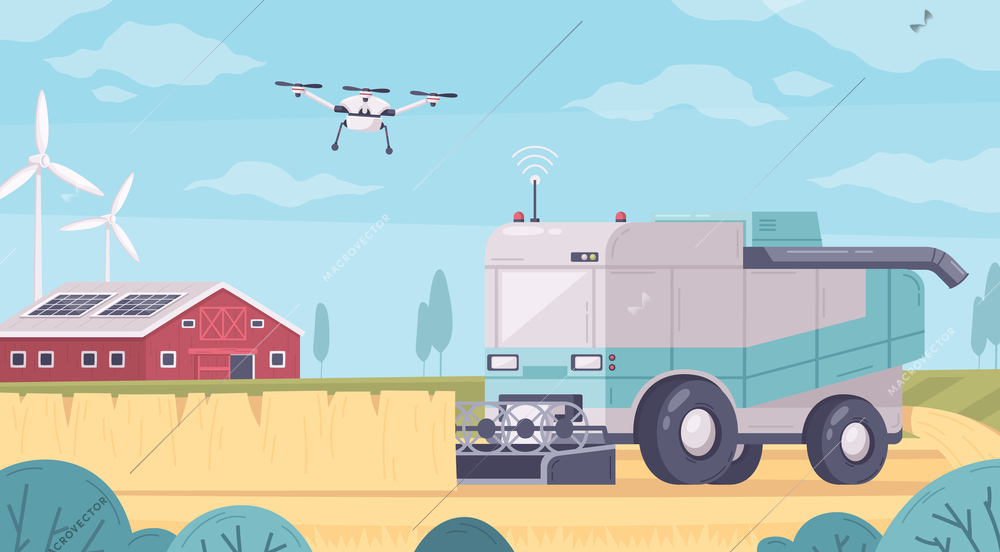 Smart farming cartoon composition with view of agricultural buildings and automated truck on field with quadcopter vector illustration