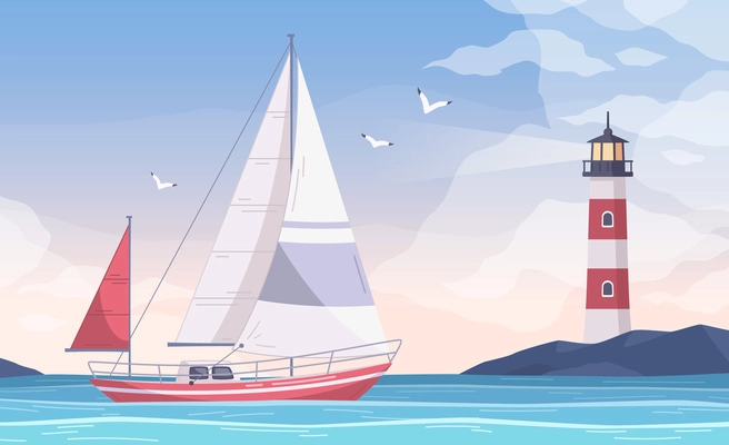 Yachting cartoon composition with view of water bay and sailing small yacht with lighthouse on shore vector illustration