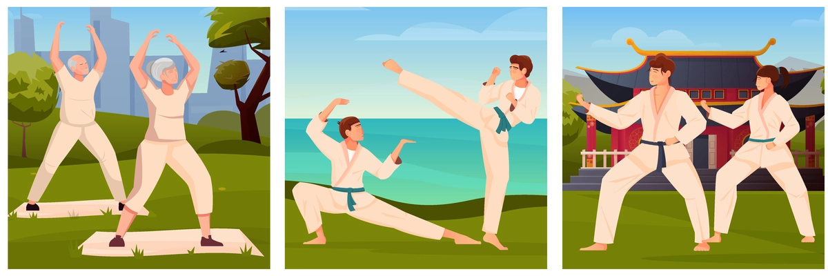 Martial arts flat illustrations with old people involved in qigong and young guys and girls training tai chi outdoors vector illustration