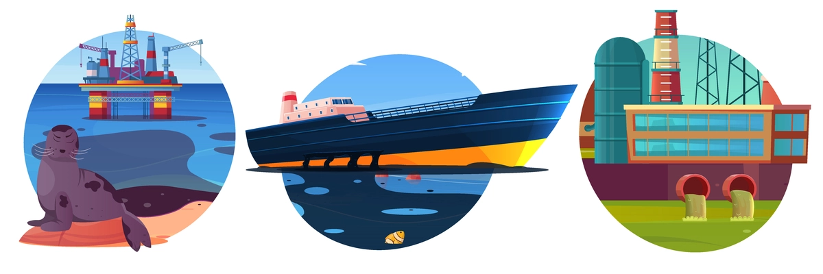 Ocean problem flat compositions with tanker  oil platform and city factory polluting water bodies isolated vector illustration