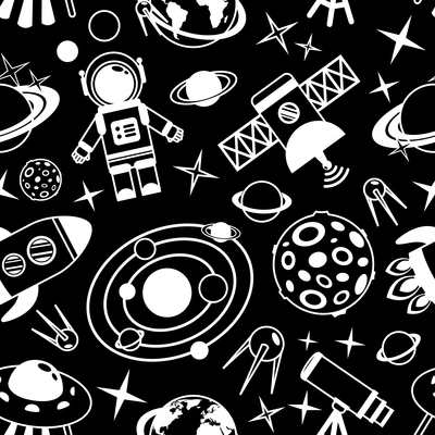 Space and astronomy black and white seamless pattern with decorative elements vector illustration