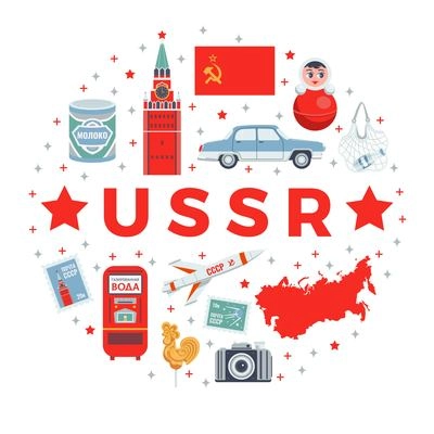 Ussr round composition with isolated icons of soviet union stereotype symbols red stars and with texts "milk", "ussr post" and "sparkling water" vector illustration